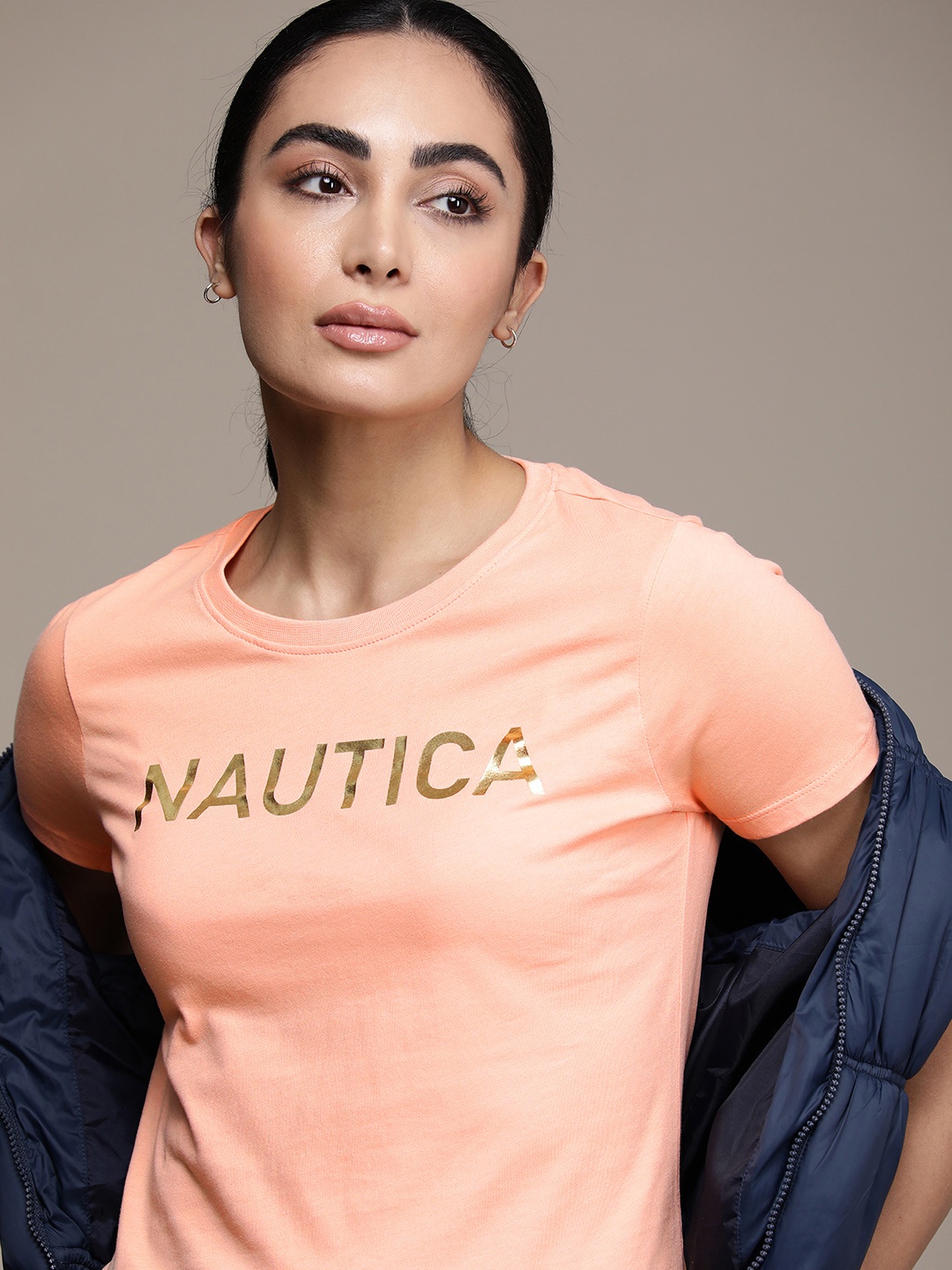 

Nautica Women Peach Pink Brand Logo Print Round Neck Regular Sleeves Pure Cotton T-shirt