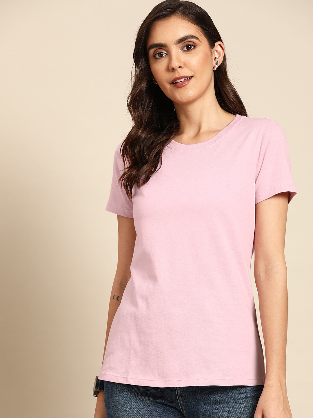 

Nautica Women Lavender Solid Round Neck Regular Sleeves Embroidered Pure Cotton T-shirt