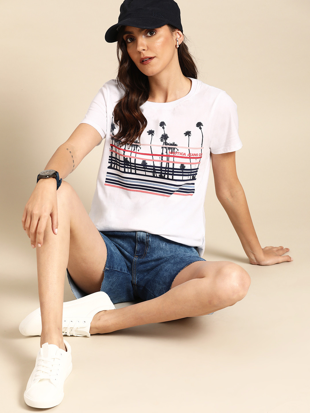 

Nautica Women White & Navy Blue Floral Printed Tropical Cotton T-shirt