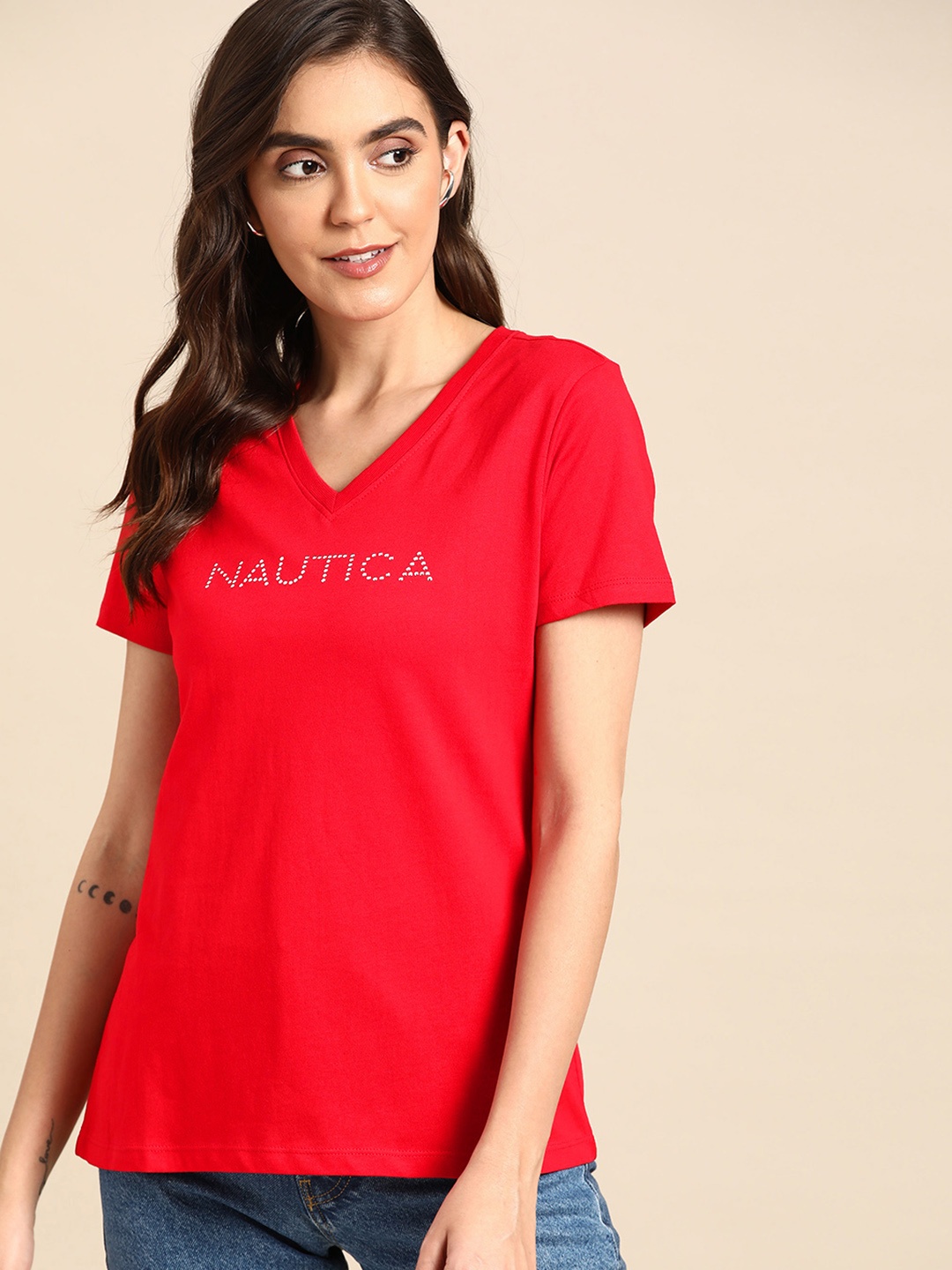 

Nautica Women Red White Brand Logo Pure Cotton V-Neck Pure Cotton T-shirt