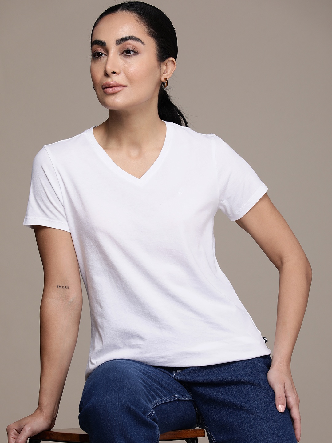 

Nautica Women White Solid V-Neck Pure Cotton T-shirt