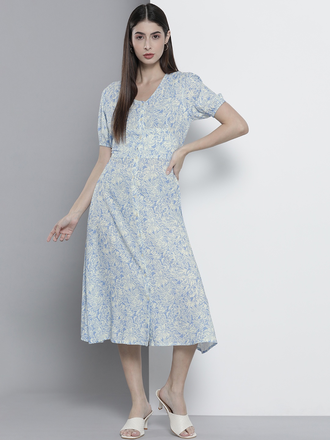 

Nautica Off White & Blue Floral Shirt Midi Dress