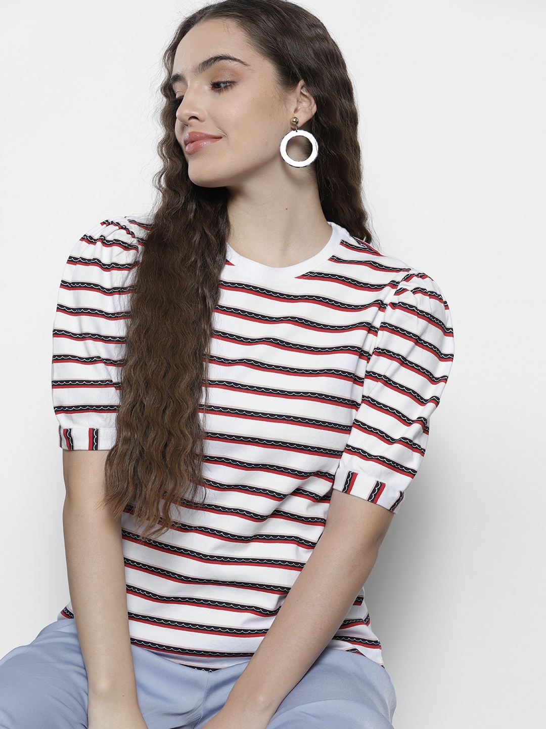 

Nautica White & Navy Blue Pure Cotton Striped Regular Top