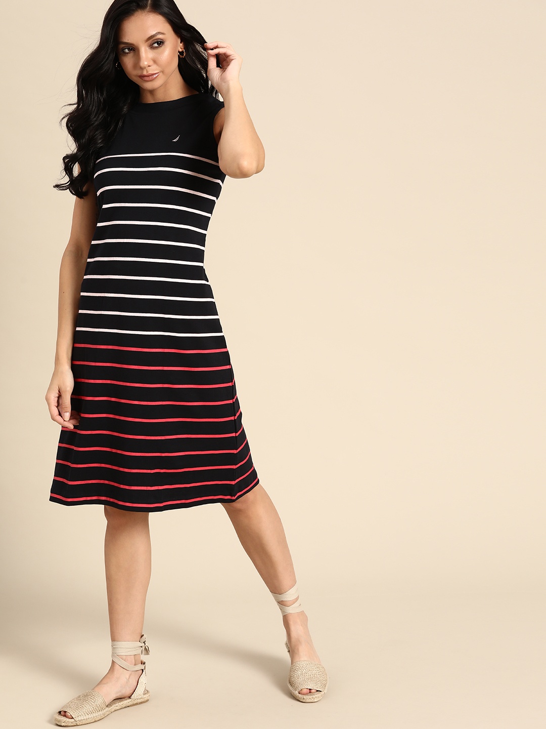 

Nautica Navy Blue & Red Pure Cotton Striped T-shirt Dress