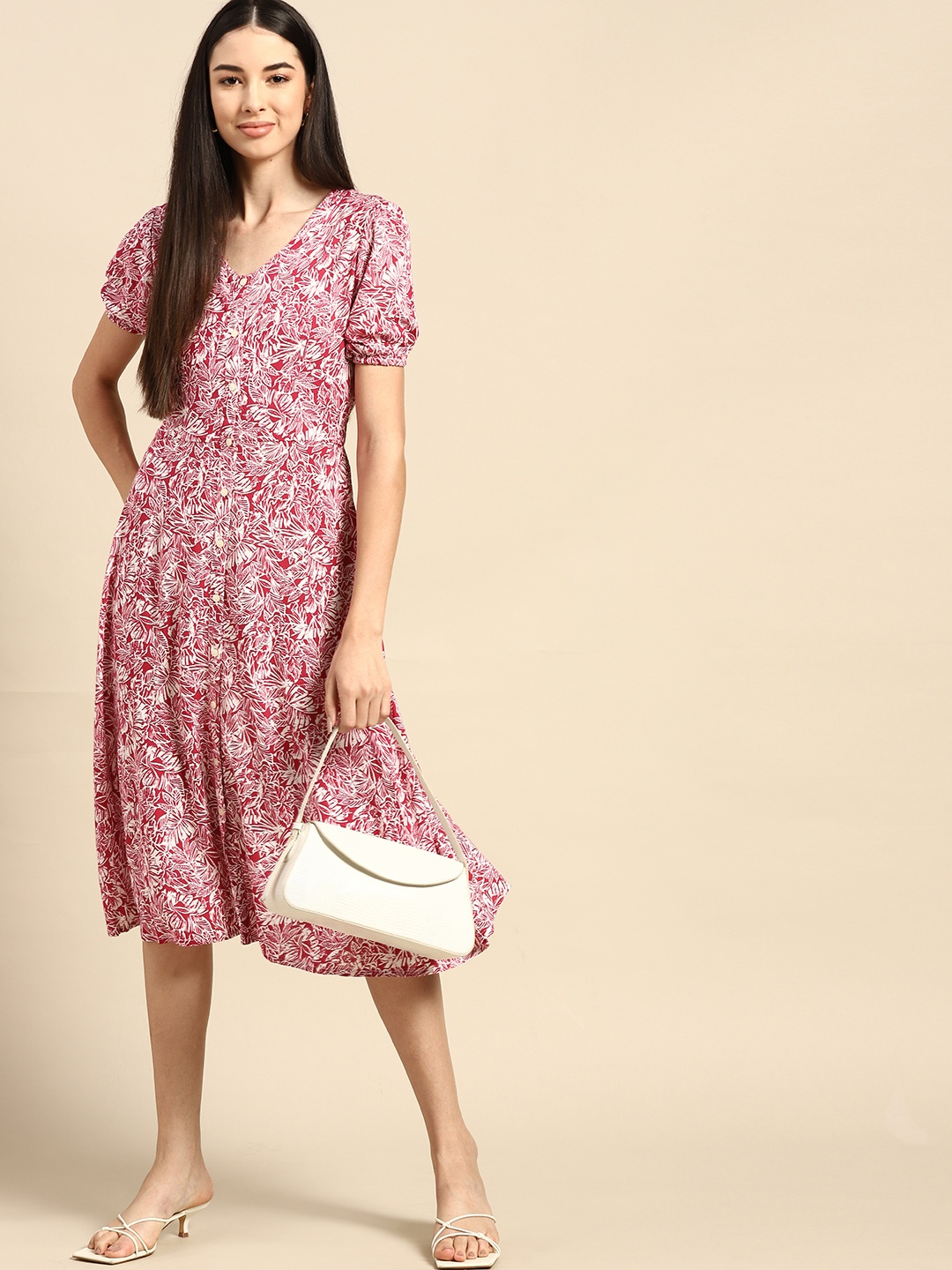 

Nautica Magenta & White Floral Print A-Line Midi Dress with Tie-up Feature
