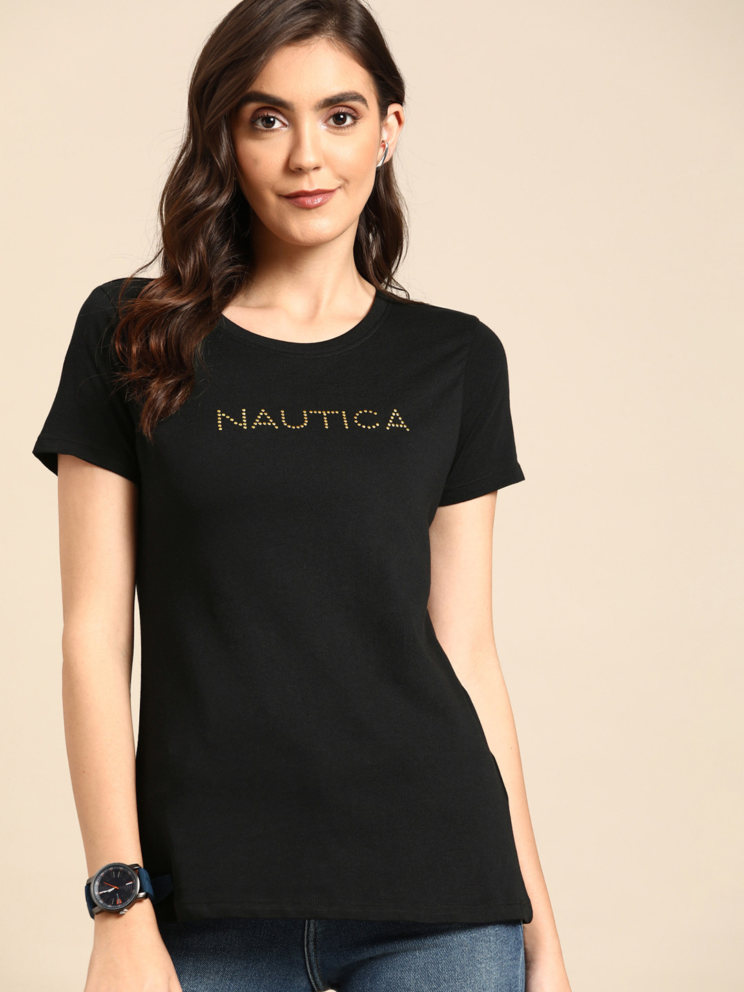 

Nautica Women Black Brand Logo Print Round Neck Regular Sleeves Pure Cotton T-shirt