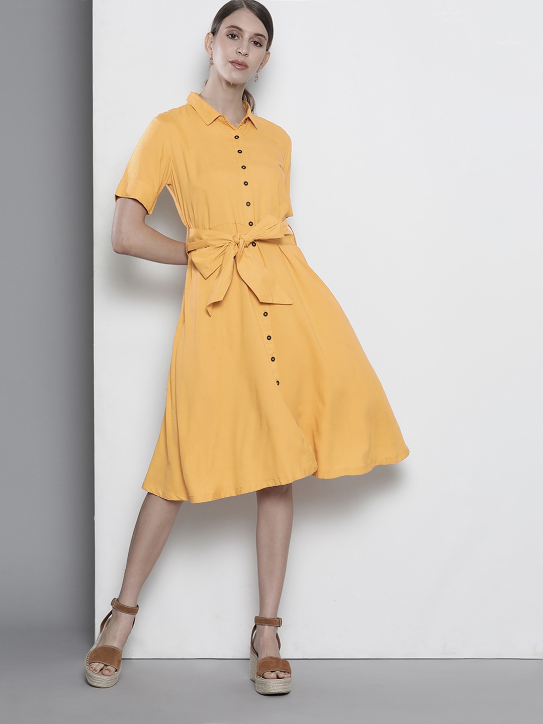 

Nautica Mustard Yellow Solid Shirt Dress with Belt