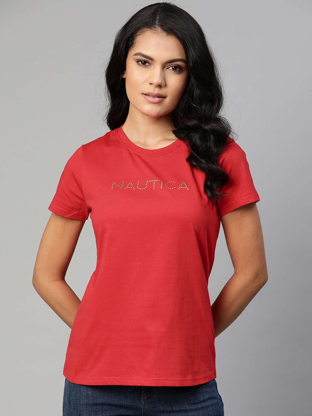 

Nautica Women Red Solid Pure Cotton Brand Logo Pure Cotton T-shirt