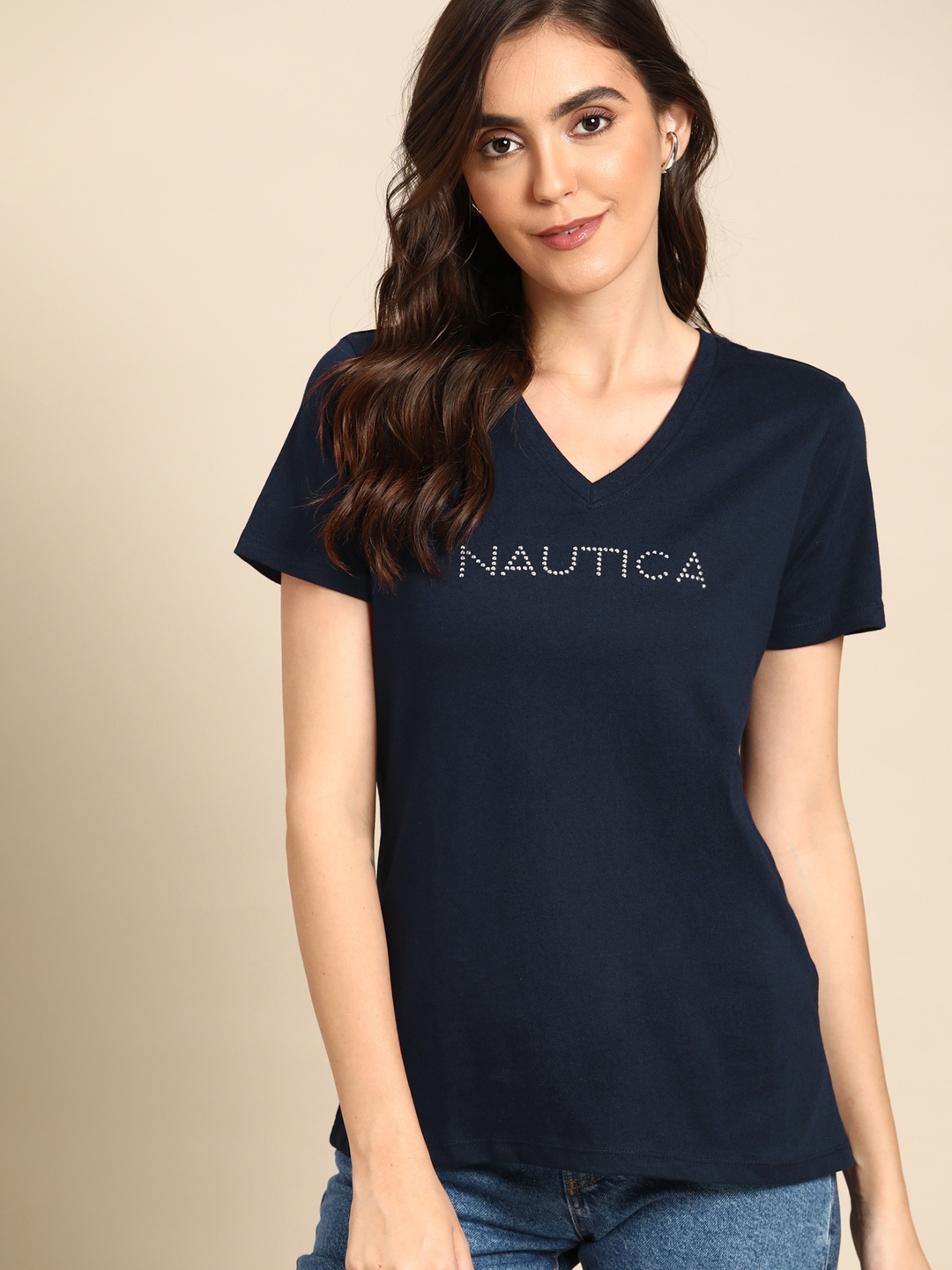 

Nautica Women Navy Blue Brand Logo Print V-Neck Regular Sleeves Pure Cotton T-shirt
