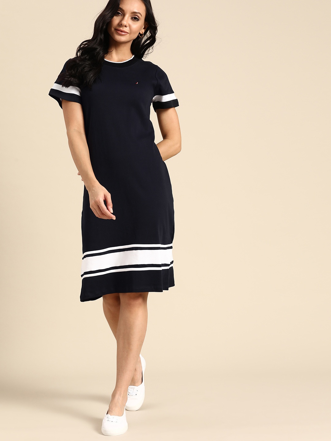 

Nautica Navy Blue & White Pure Cotton Striped Detail T-shirt Dress