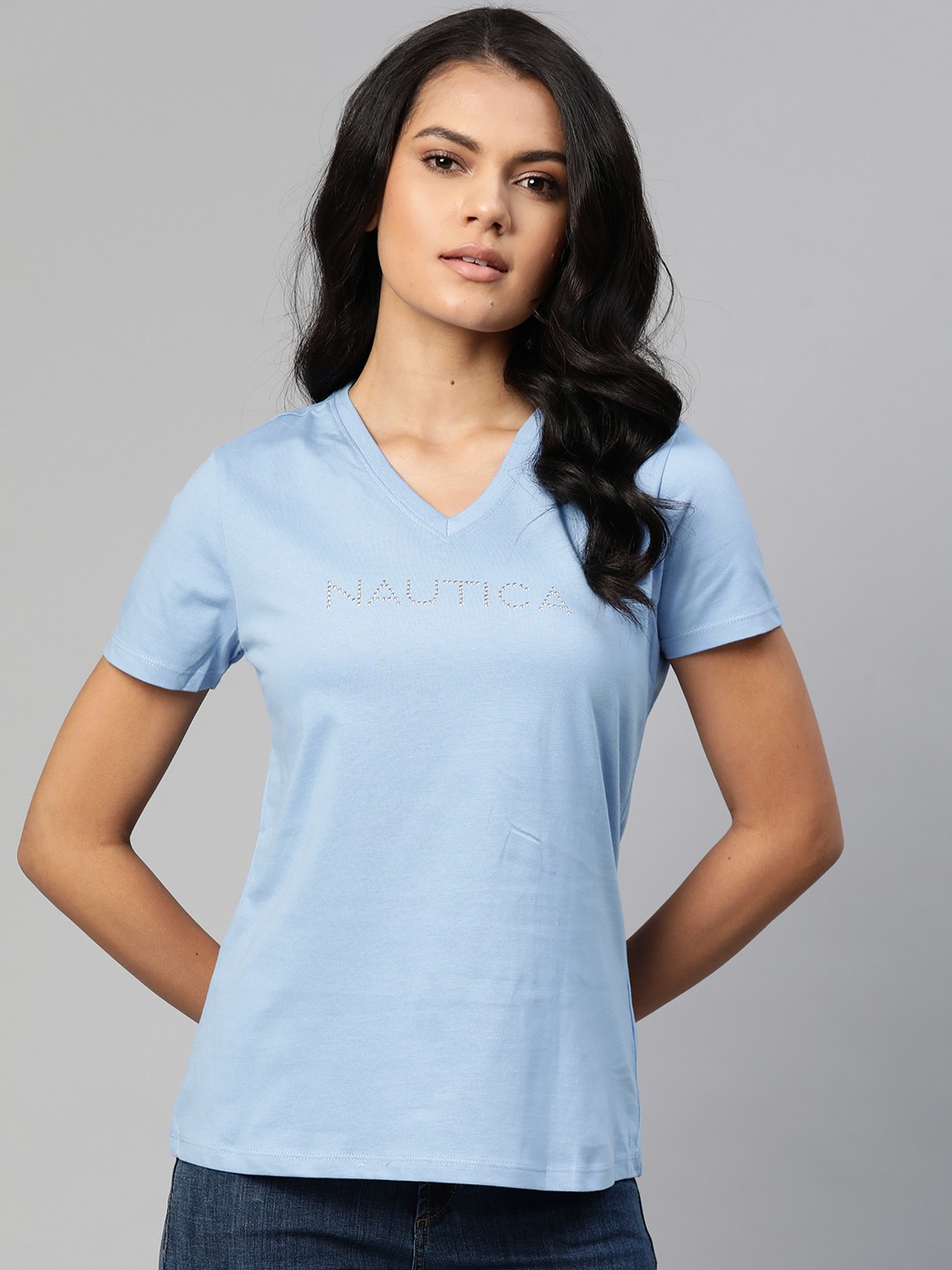 

Nautica Women Blue Solid Brand Logo Pure Cotton V-Neck Pure Cotton T-shirt