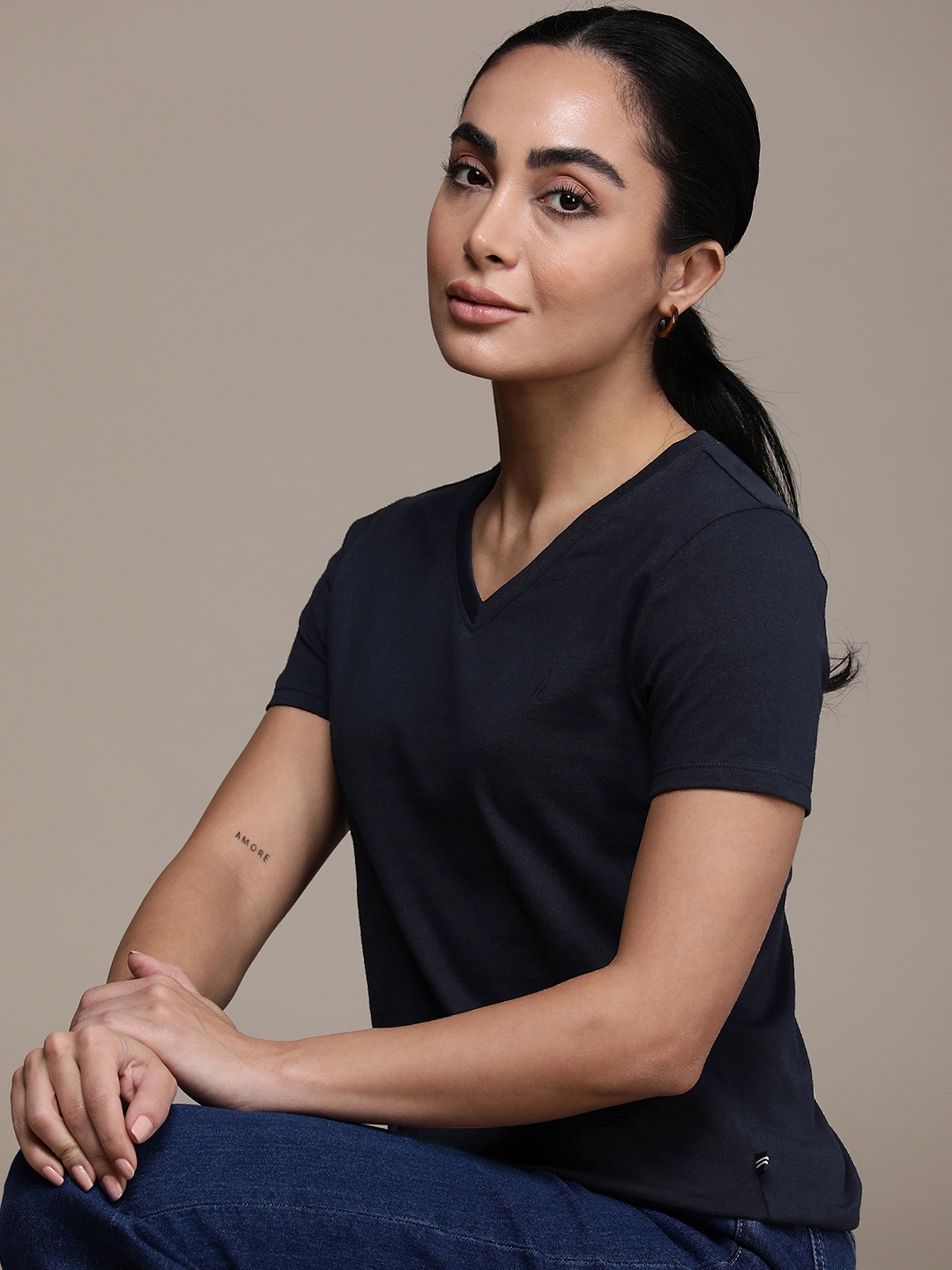 

Nautica Women Navy Blue Solid Pure Cotton V-Neck Pure Cotton T-shirt