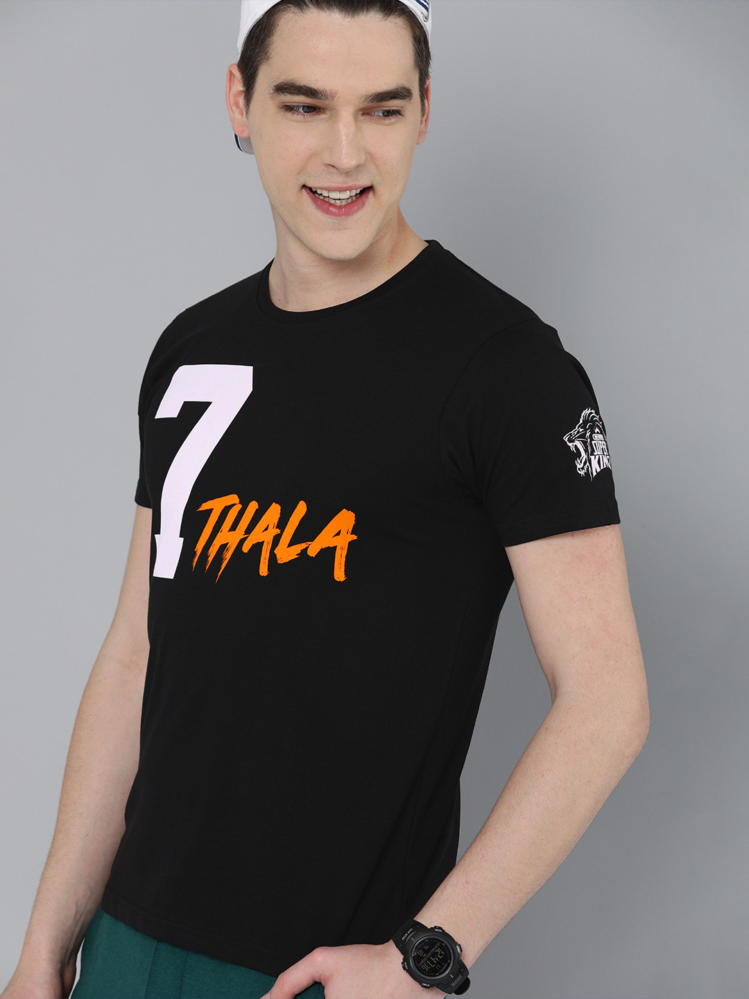 

HERENOW Men Black Printed Chennai Super Kings Thala Round Neck Pure Cotton T-shirt