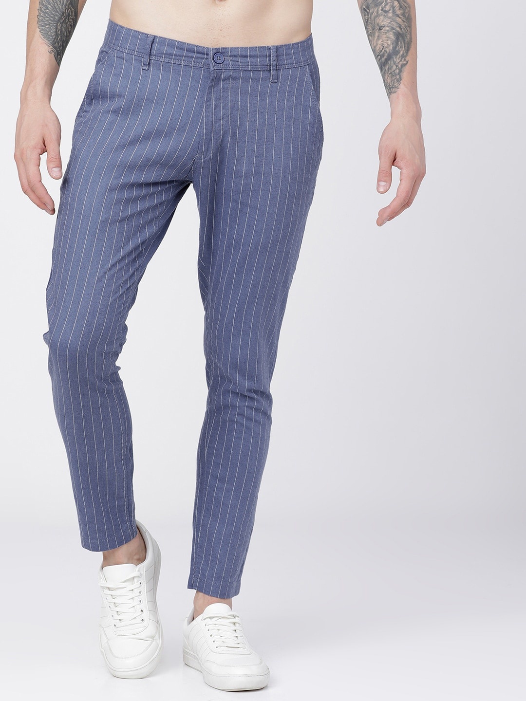 

HIGHLANDER Men Blue Slim Fit Striped Cotton Linen Regular Trousers