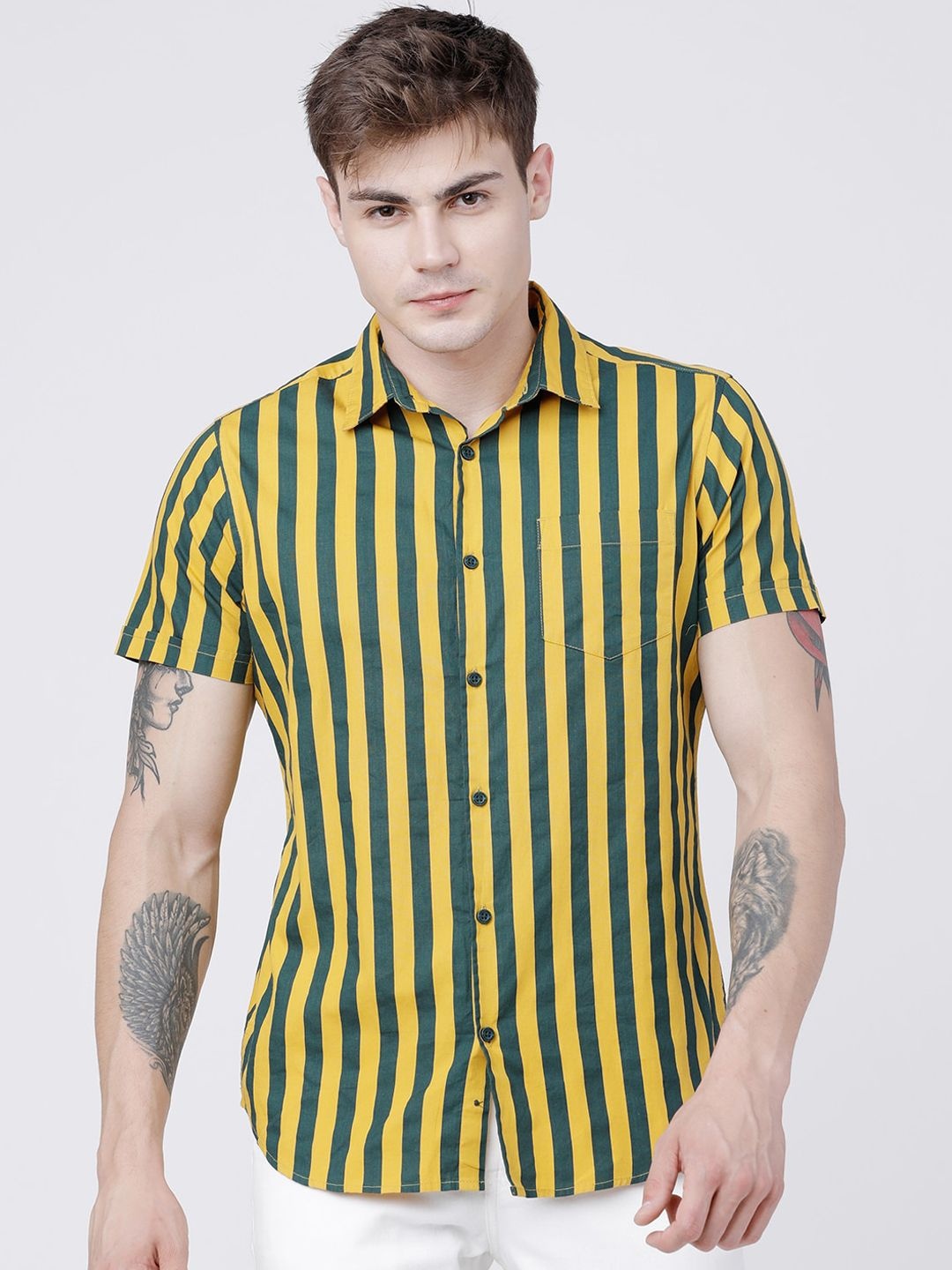 

HIGHLANDER Men Yellow & Green Slim Fit Striped Casual Shirt