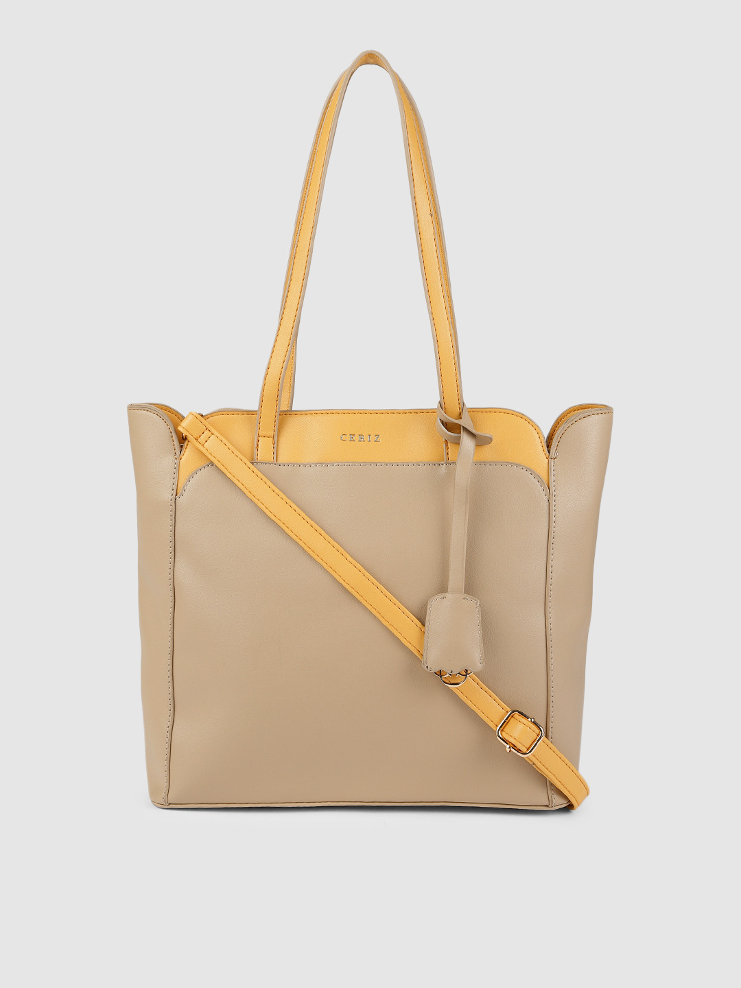 

CERIZ Beige & Yellow Solid Tote Bag