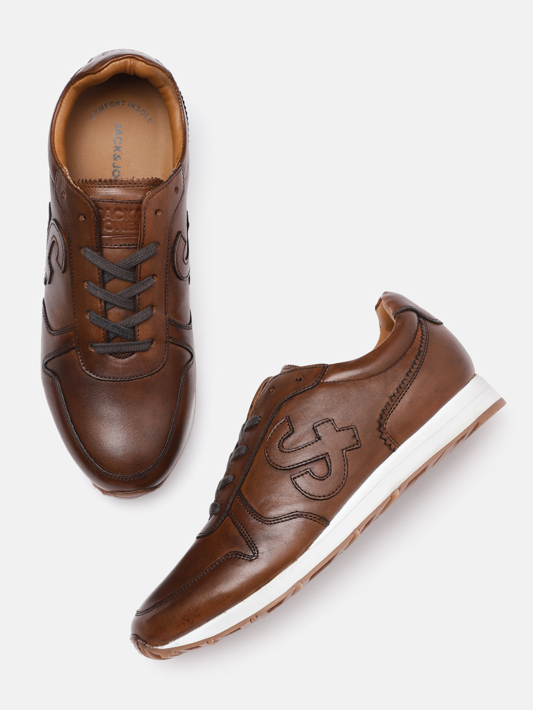 

Jack & Jones Men Brown Textured Leather Sneakers