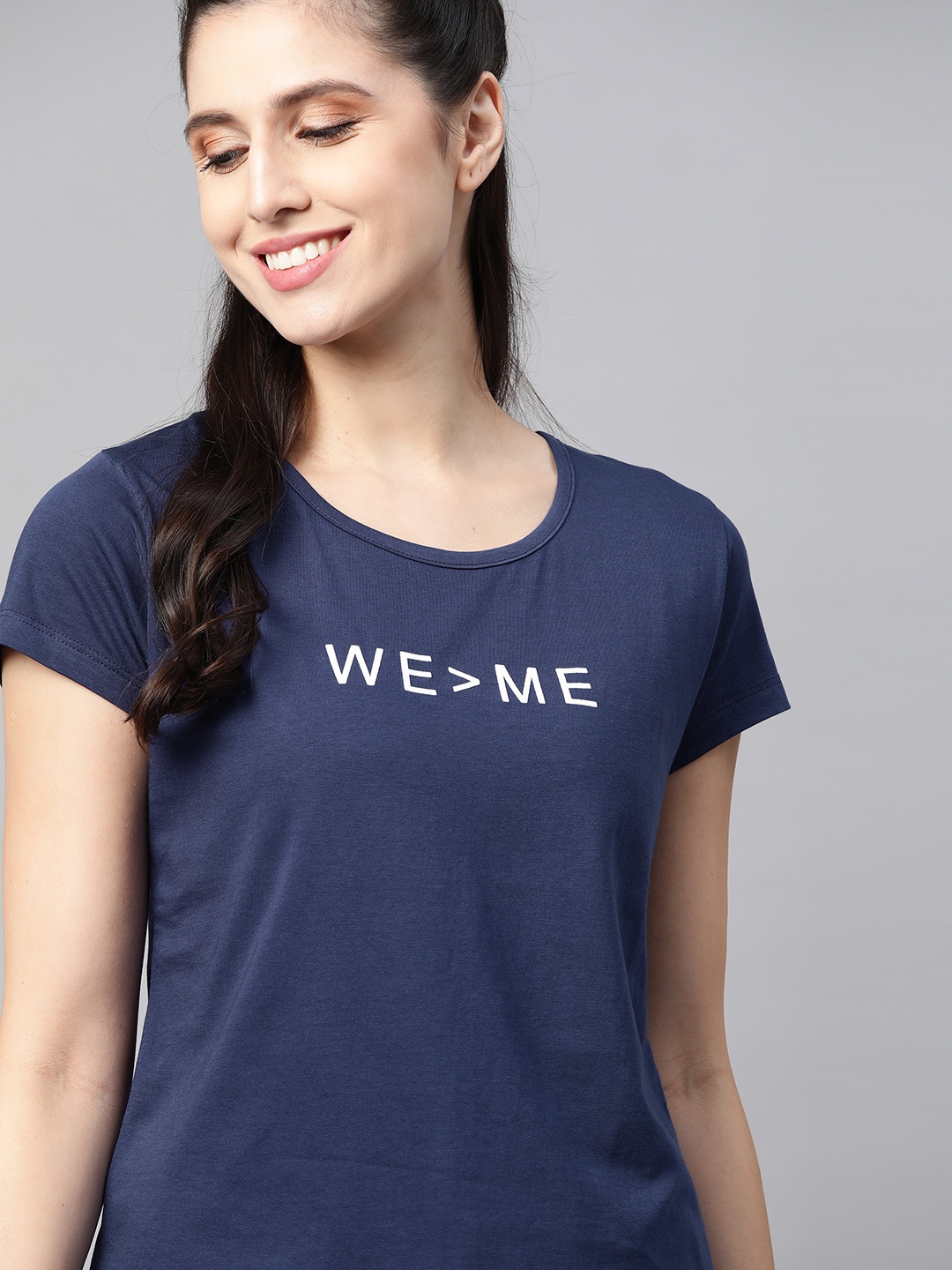 

HERE&NOW Women Navy Blue & White Pure Cotton Printed T-shirt