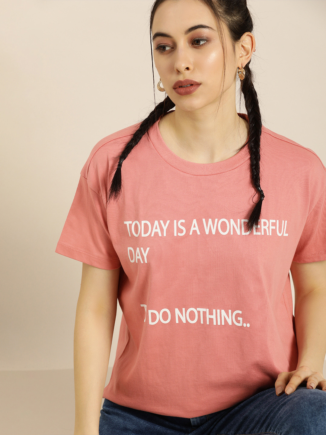 

Moda Rapido Women Pink White Printed Extended Sleeves Pure Cotton T-shirt