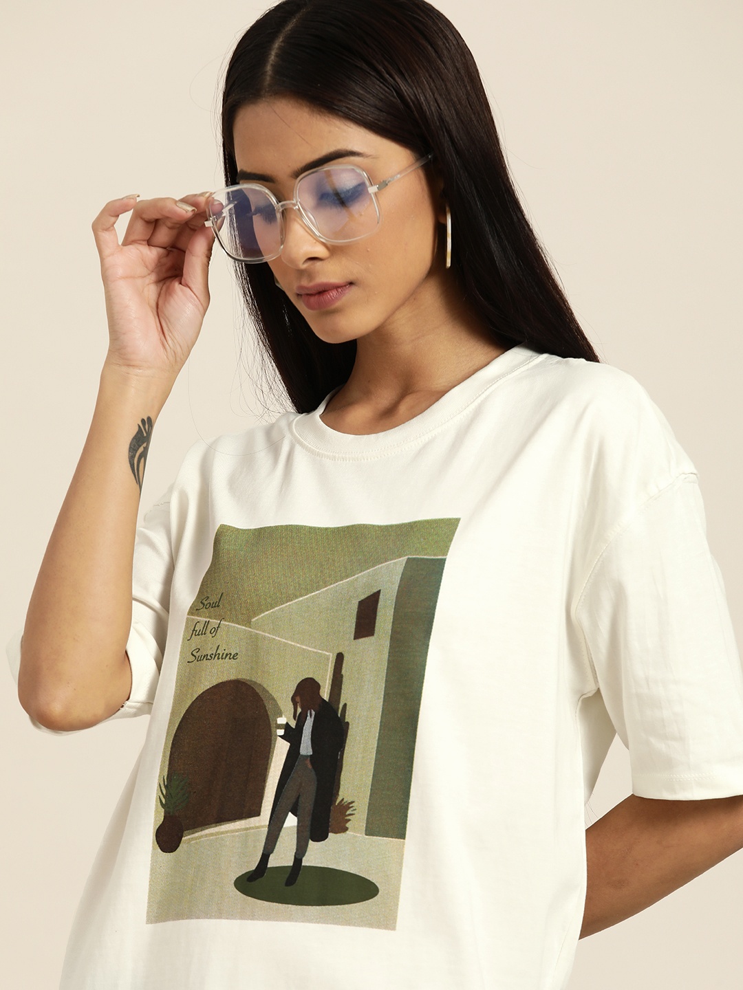 

Moda Rapido Women Off White & Green Pure Cotton Printed Drop-Shoulder Sleeves T-shirt