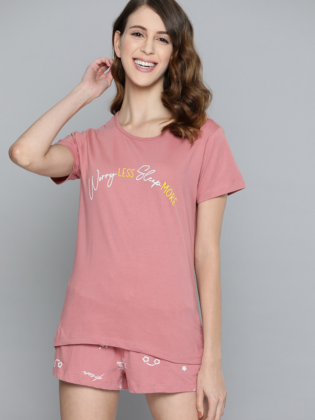

HERE&NOW Women Dusty Pink & White Typographic Print Cotton Shorts Set