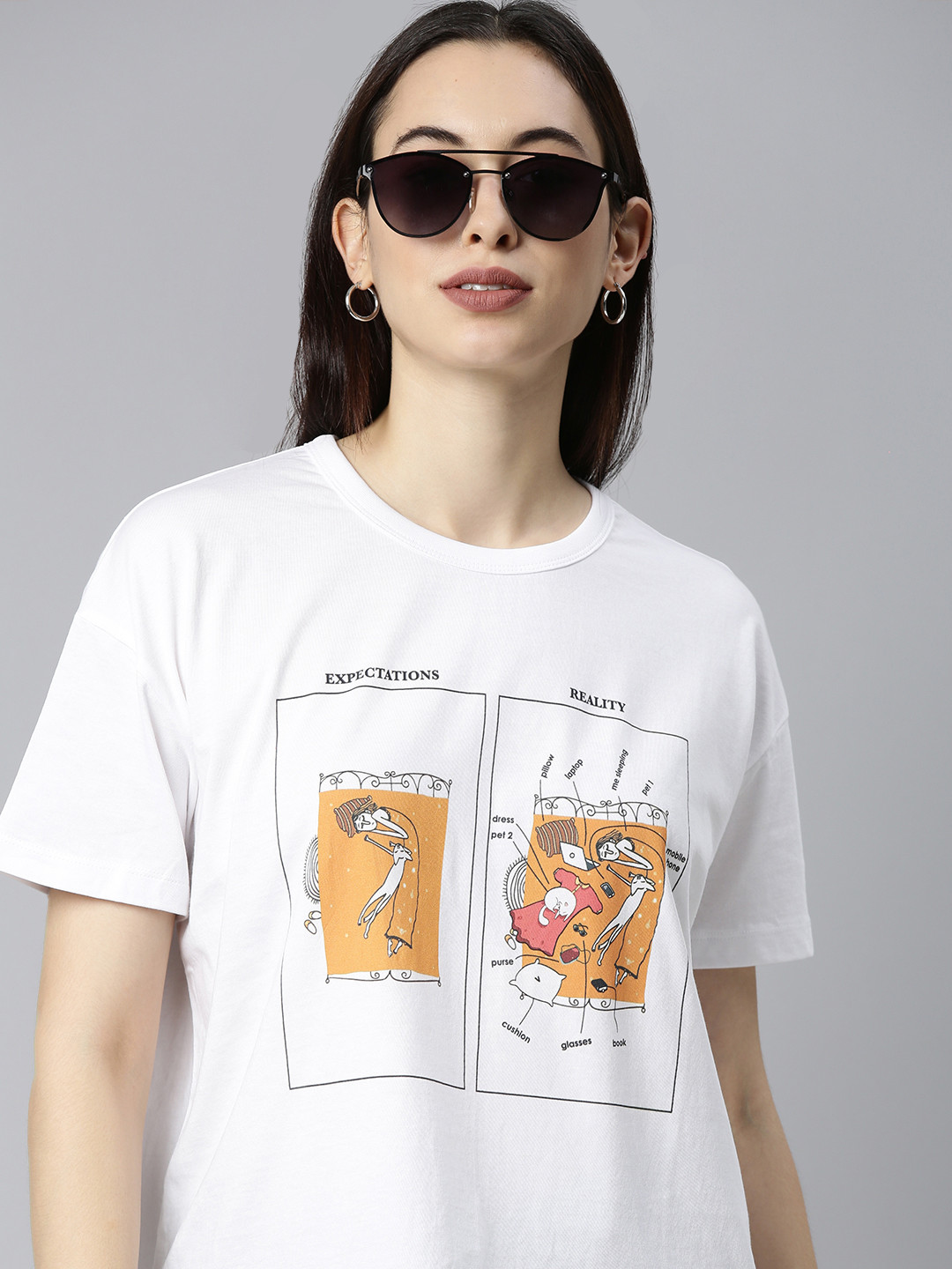 

HERENOW Women White Orange Typography Printed Pure Cotton T-shirt