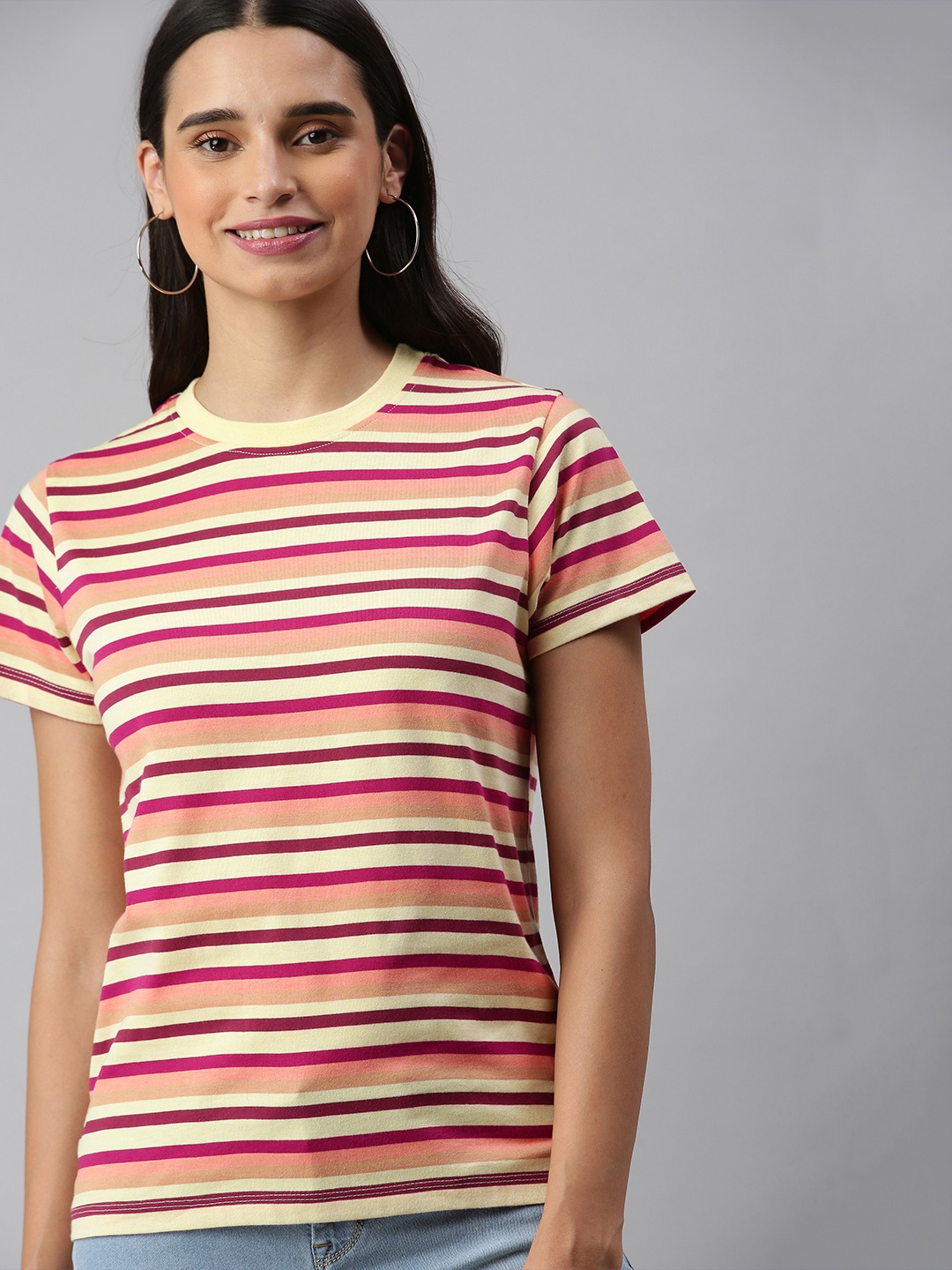 

HERE&NOW Women Multicoloured Striped Round Neck T-shirt, Multi