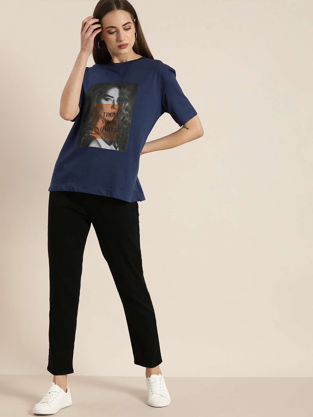 

Moda Rapido Women Navy Blu Grey Graphic Printed Extended Sleeves Pure Cotton T-shirt, Navy blue