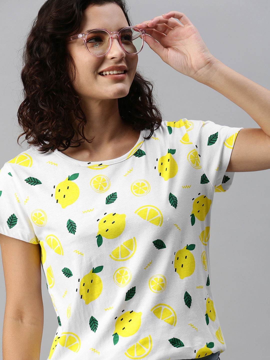 

HERENOW Women White Yellow Printed Pure Cotton T-shirt