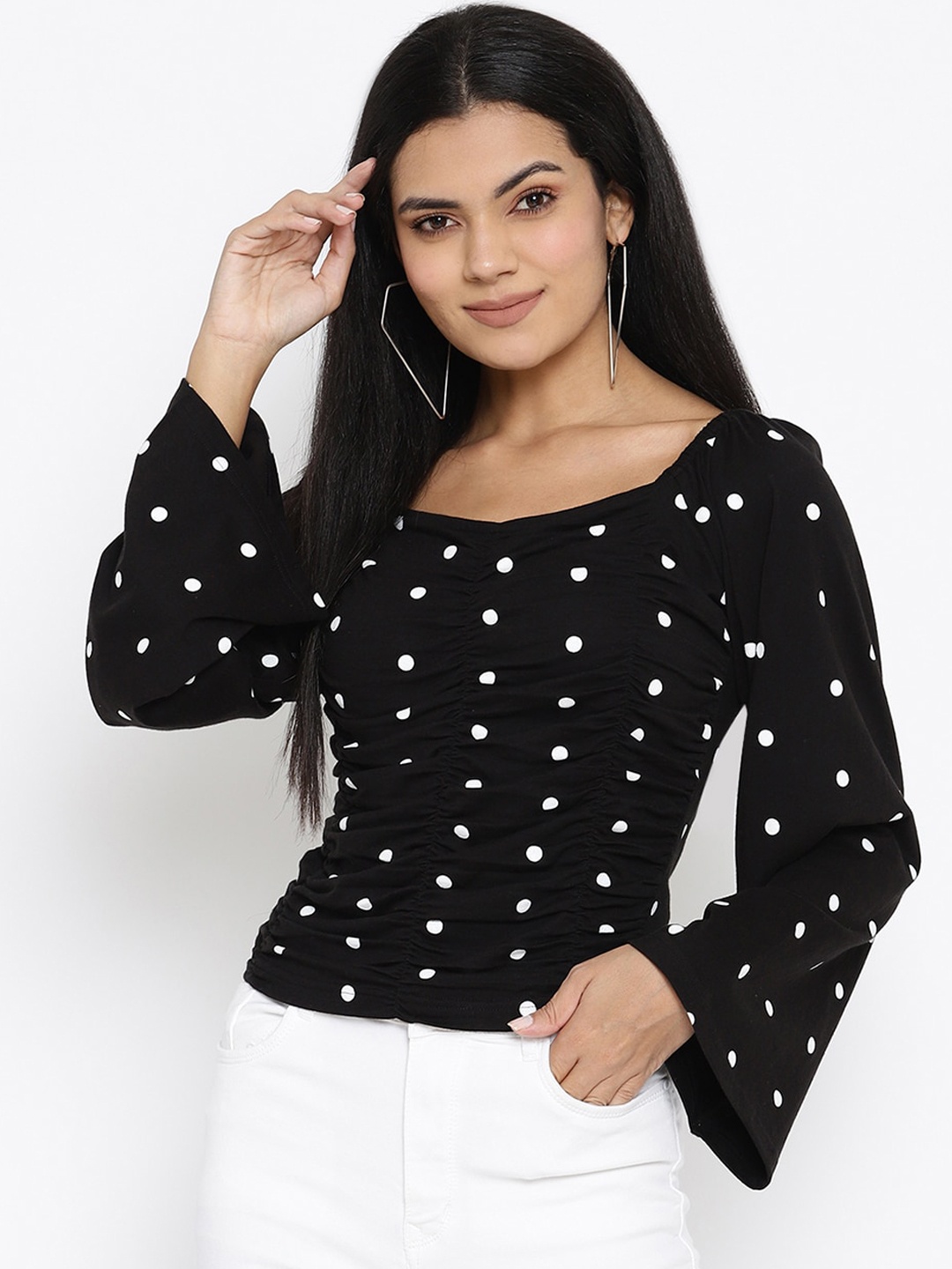 

THREAD MUSTER Women Black Polka Dots Printed Cotton Regular Top