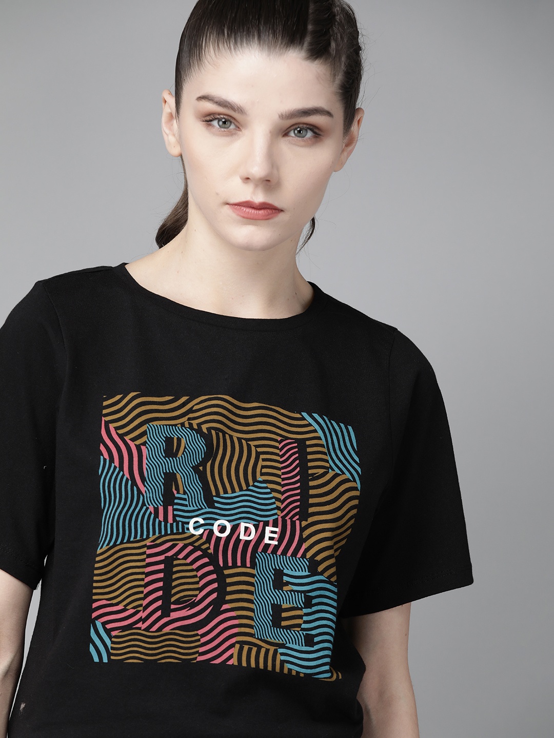 

Roadster Black Printed Pure Cotton Styled Back Top