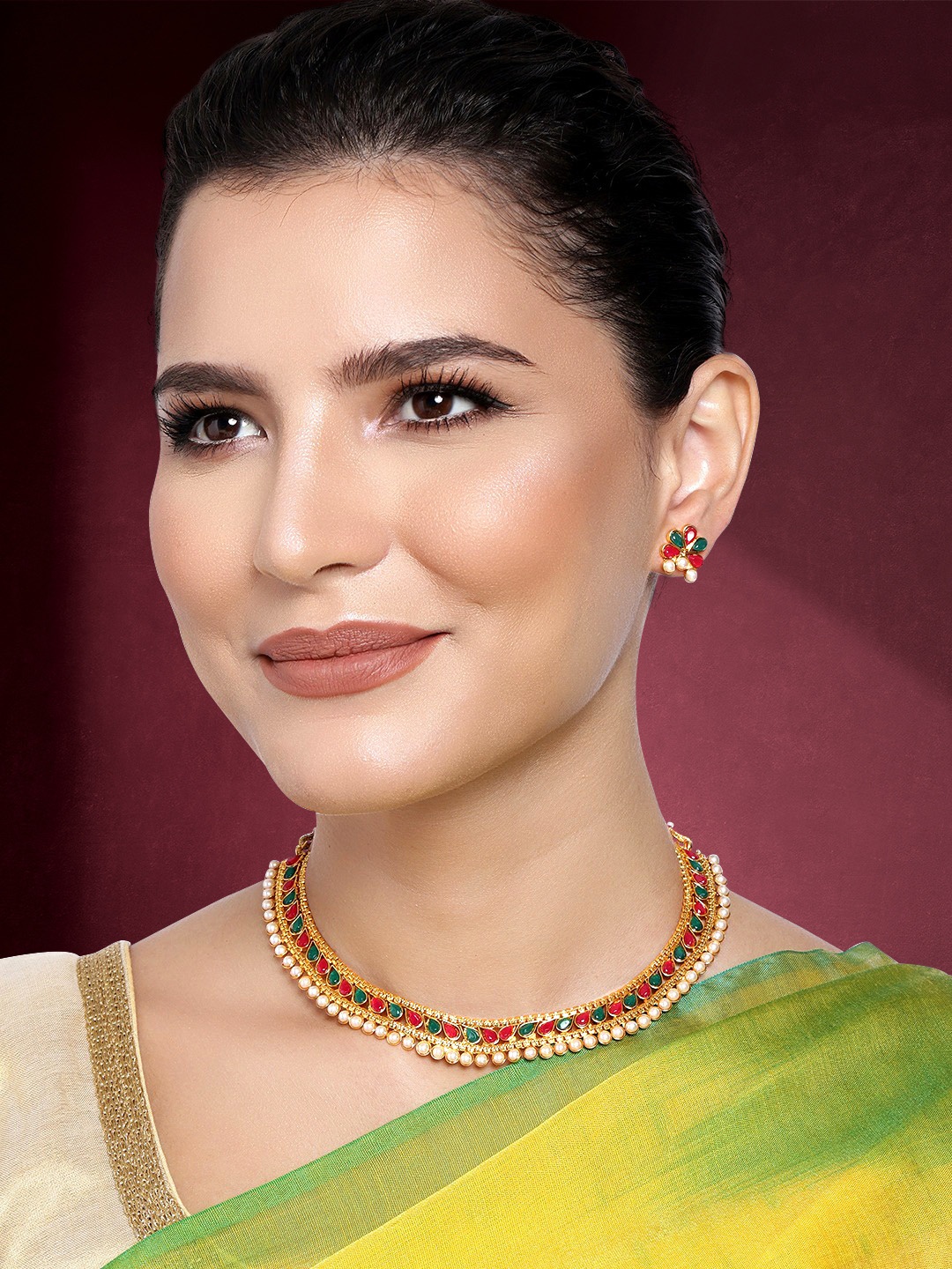 

Peora Red & Green Gold Plated Choker Necklace Set, Multi