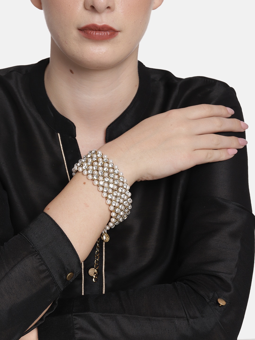 

Peora Gold-Plated Crystal Pearl Studded Fancy Bracelet, White