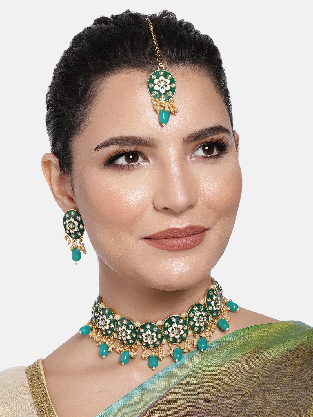 

Peora Gold-Plated & Green Meenakari Jewellery Set