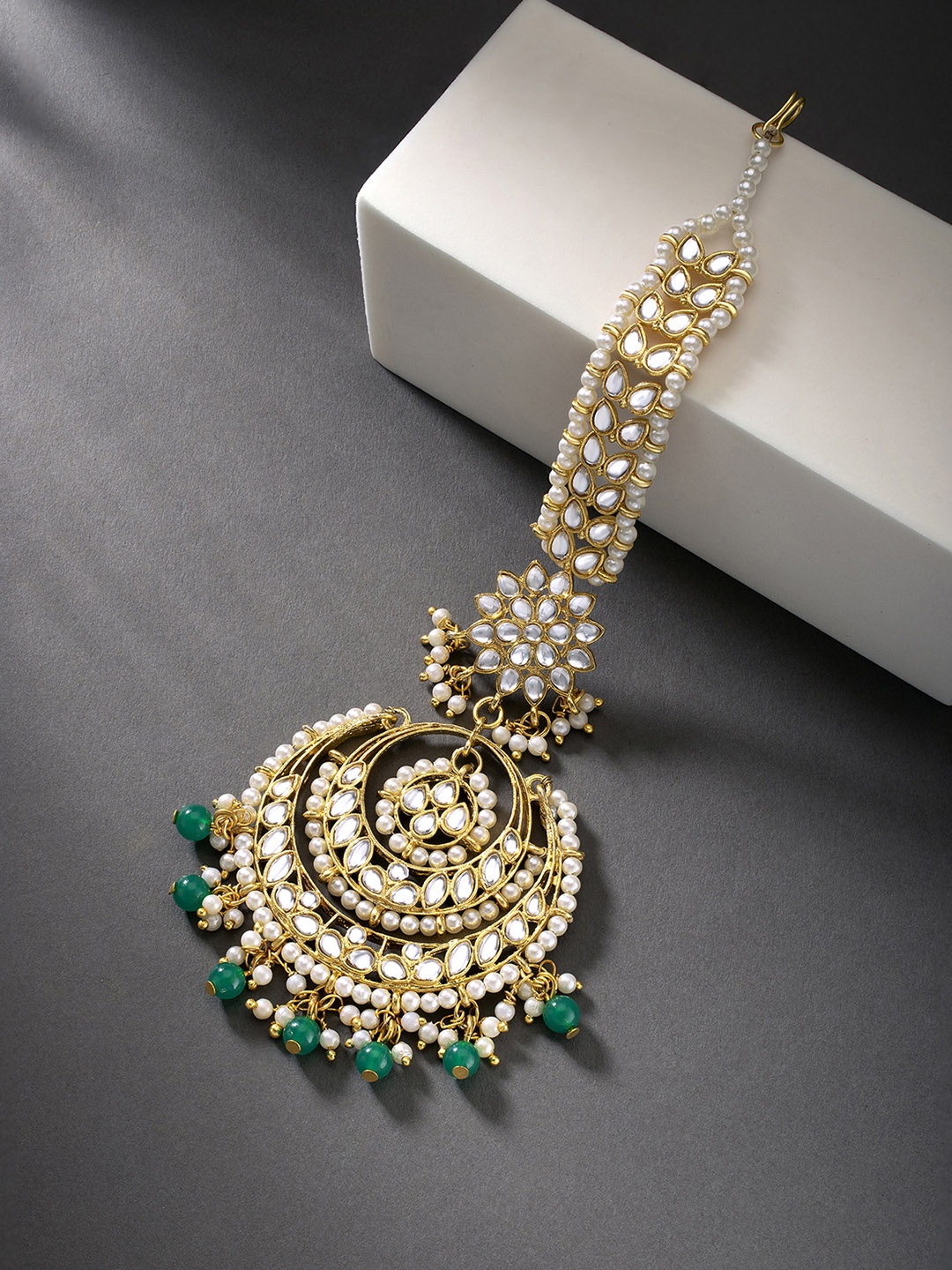 

Peora Gold Plated Wedding Kundan Green Pearl Maang Tikka