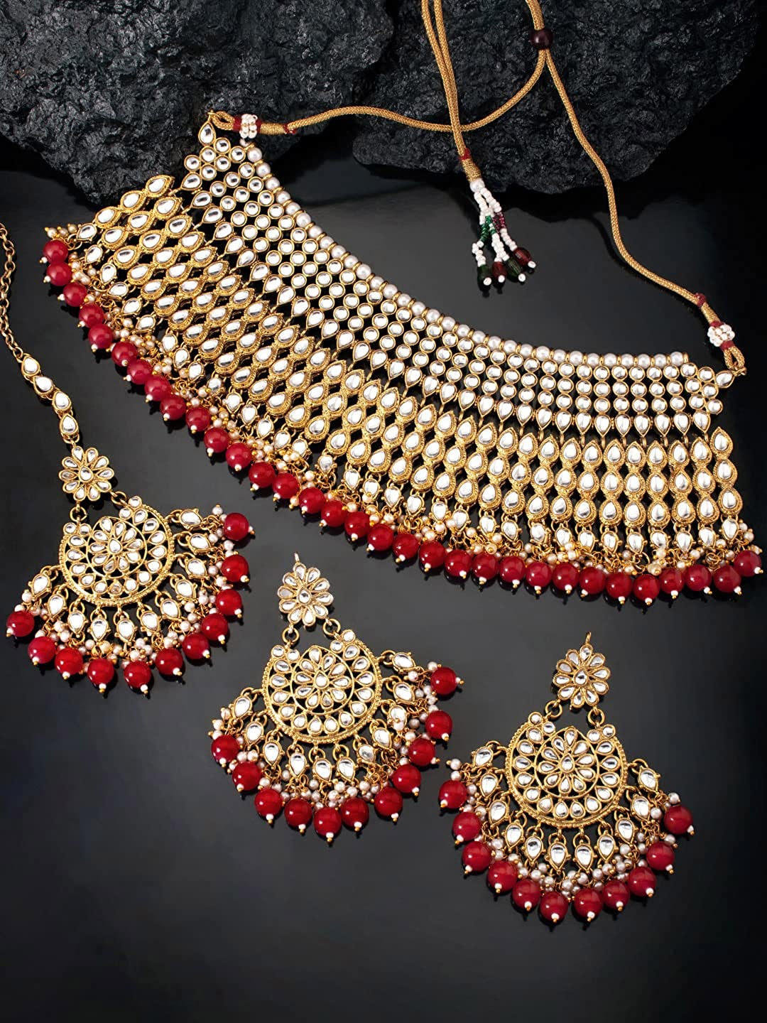 

Peora White & Maroon Gold-Plated Kundan Studded Handcrafted Jewellery Set