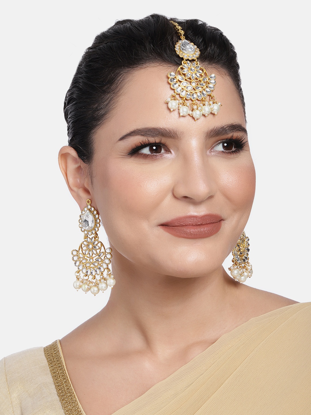 

Peora Gold Plated Kundan Earrings & Maang Tikka Jewellery Set