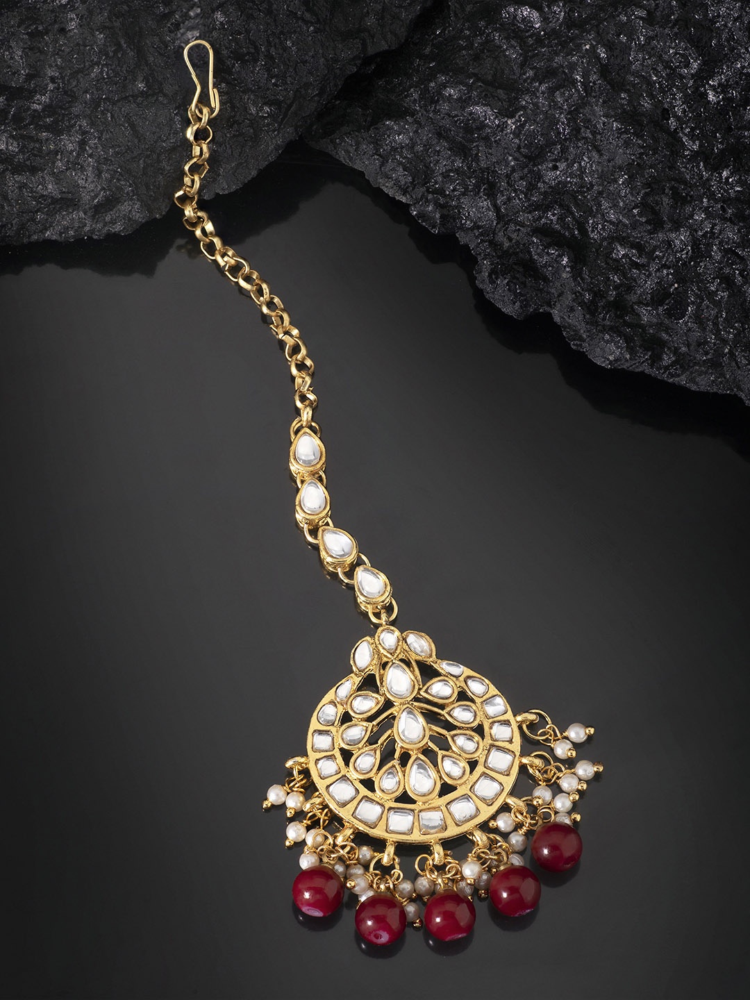

Peora White & Maroon Gold-Plated Kundan-Pearls Handcrafted Maang Tikka