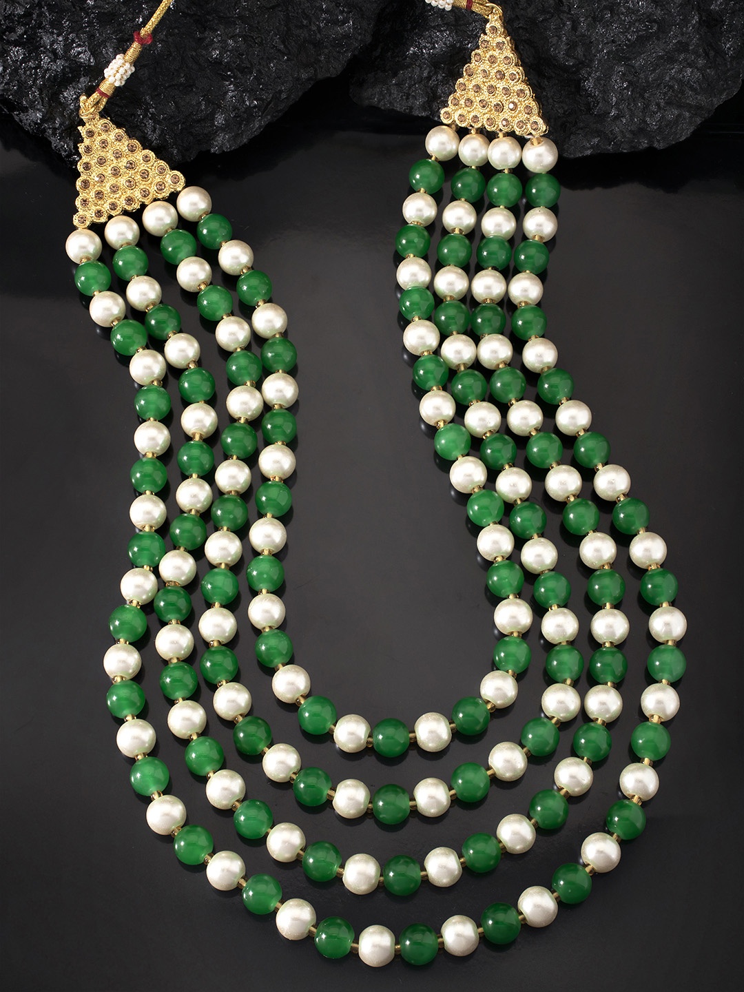 

Peora Green & White Gold-Plated Pearls Handcrafted Layered Long Necklace