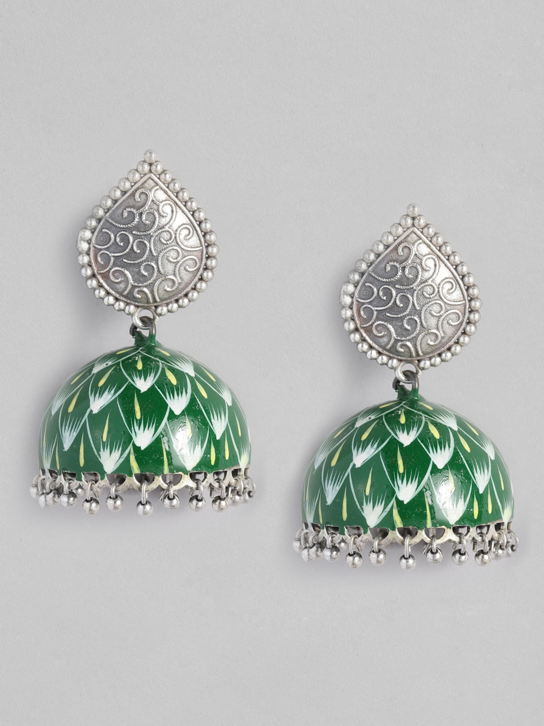 

Peora Green & Silver-Plated Dome Shaped Jhumkas