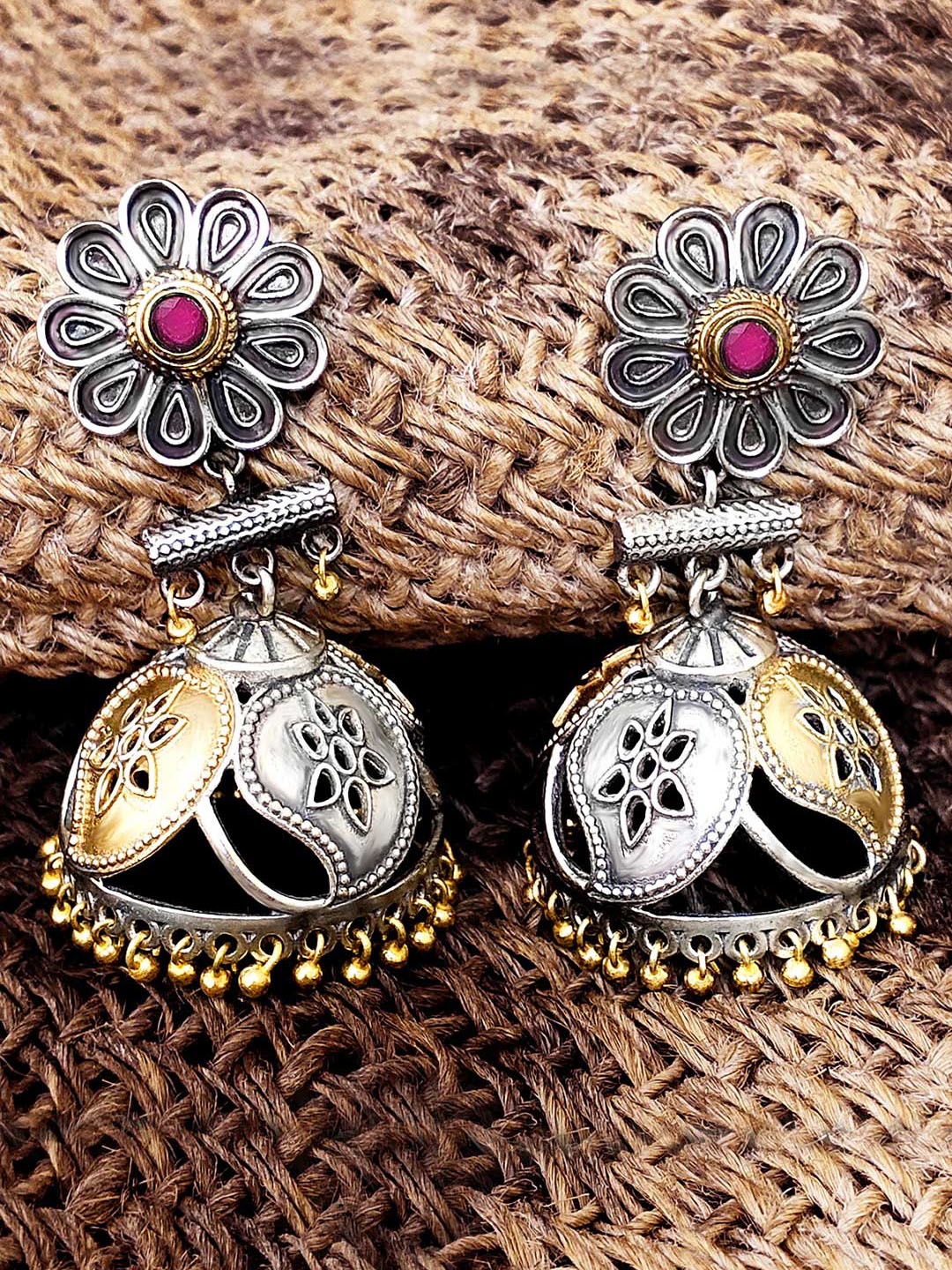 

Peora Purple & Silver-Toned Dome Shaped Jhumkas