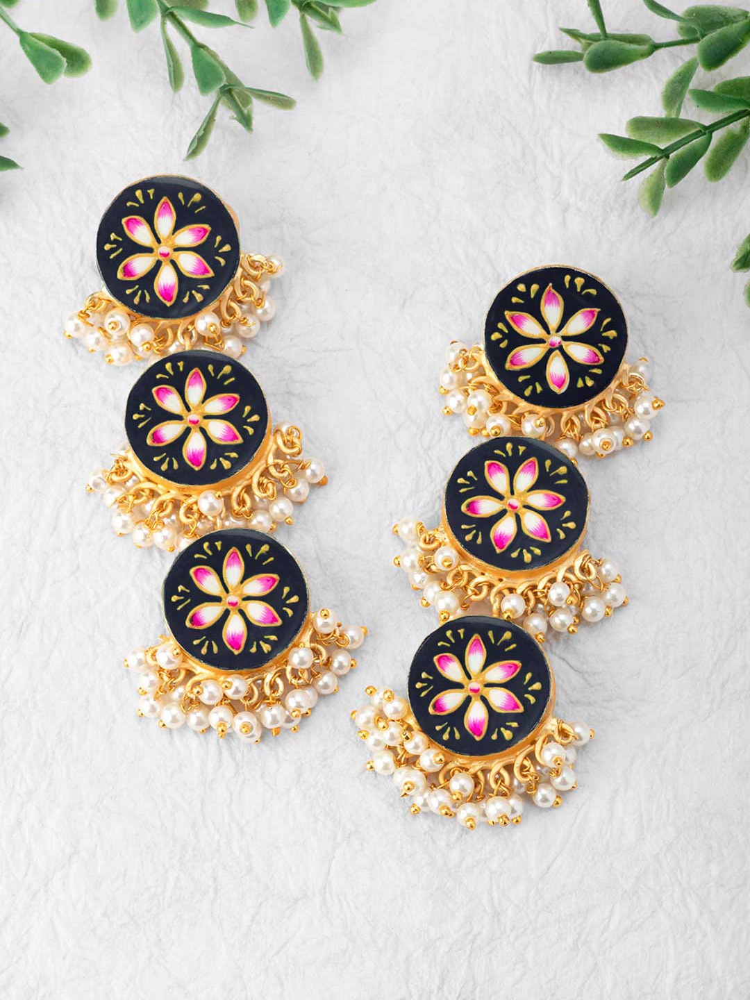 

Peora Black & Gold-Plated Enamelled Handcrafted Circular Drop Earrings