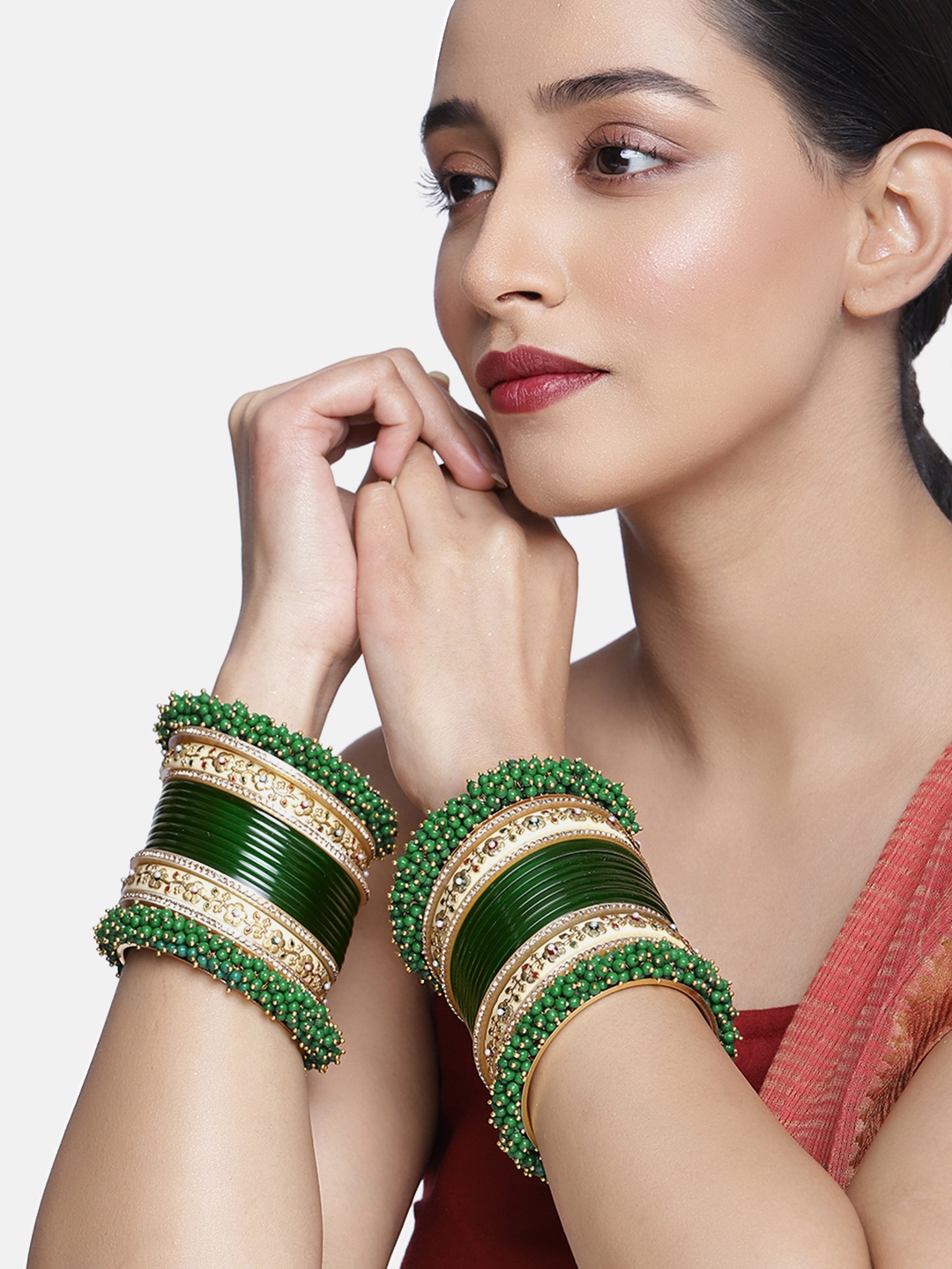 

Peora Set of 34 Green Gold-Plated Handcrafted Embellished Wedding Chuda Bangles