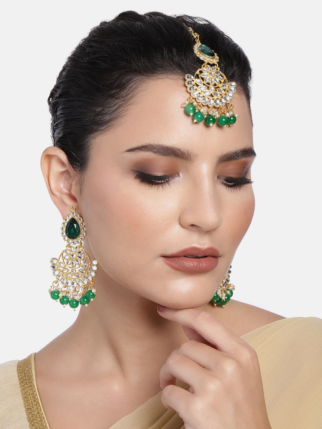 

Peora Gold Plated Green Kundan Earrings & Maang Tikka Jewellery Set