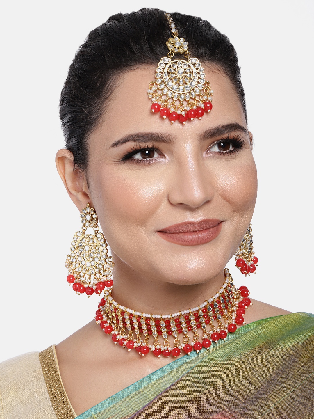 

Peora Gold Plated Red Kundan Faux Pearl Jewellery Set