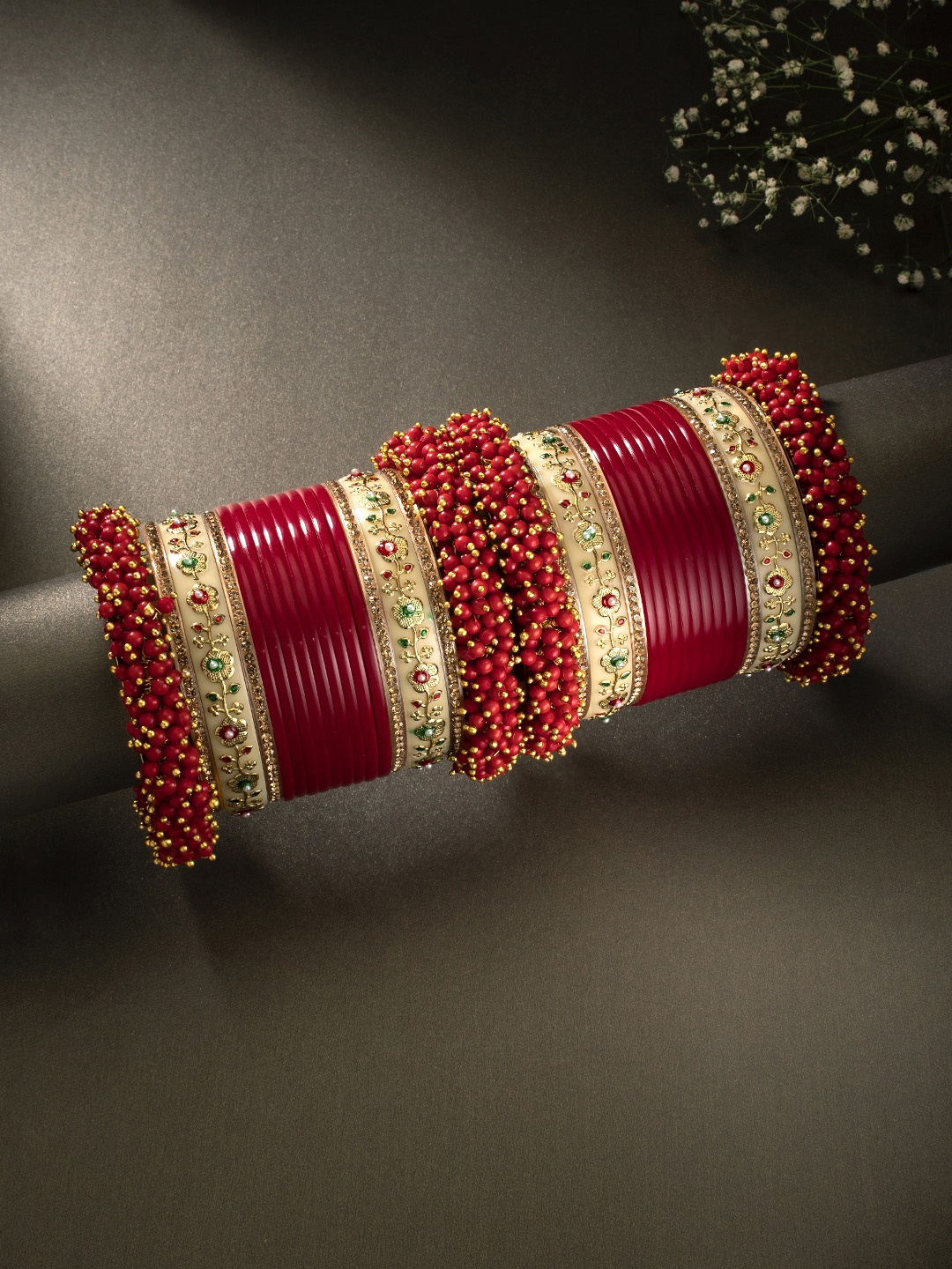 

Peora Maroon & Gold-Plated Floral Pearl Studded Chura Chuda Bangle Set