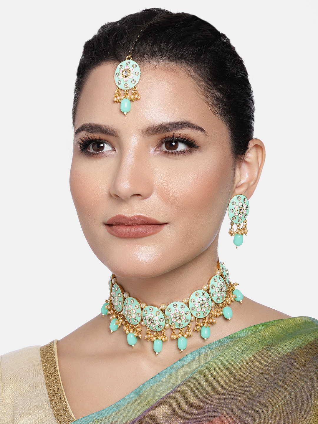 

Peora Sea Green Gold-Plated Meenakari Beaded Jewellery Set