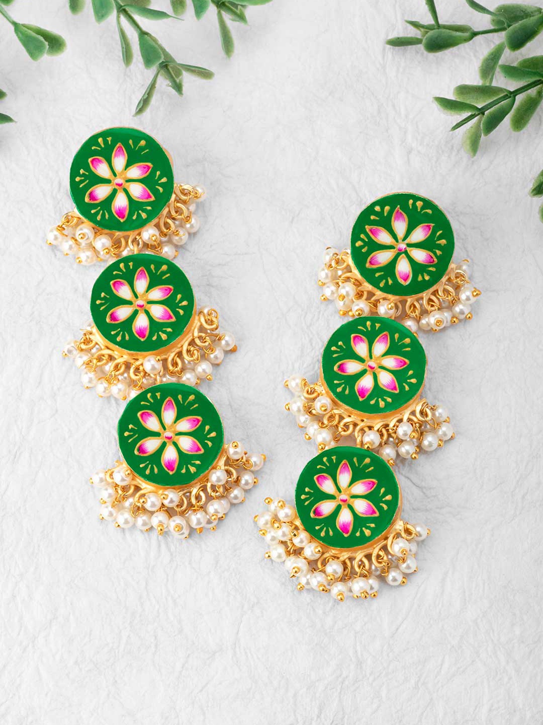 

Peora Green & Gold-Plated Floral Pearl Beaded Meenakari Drop Earrings