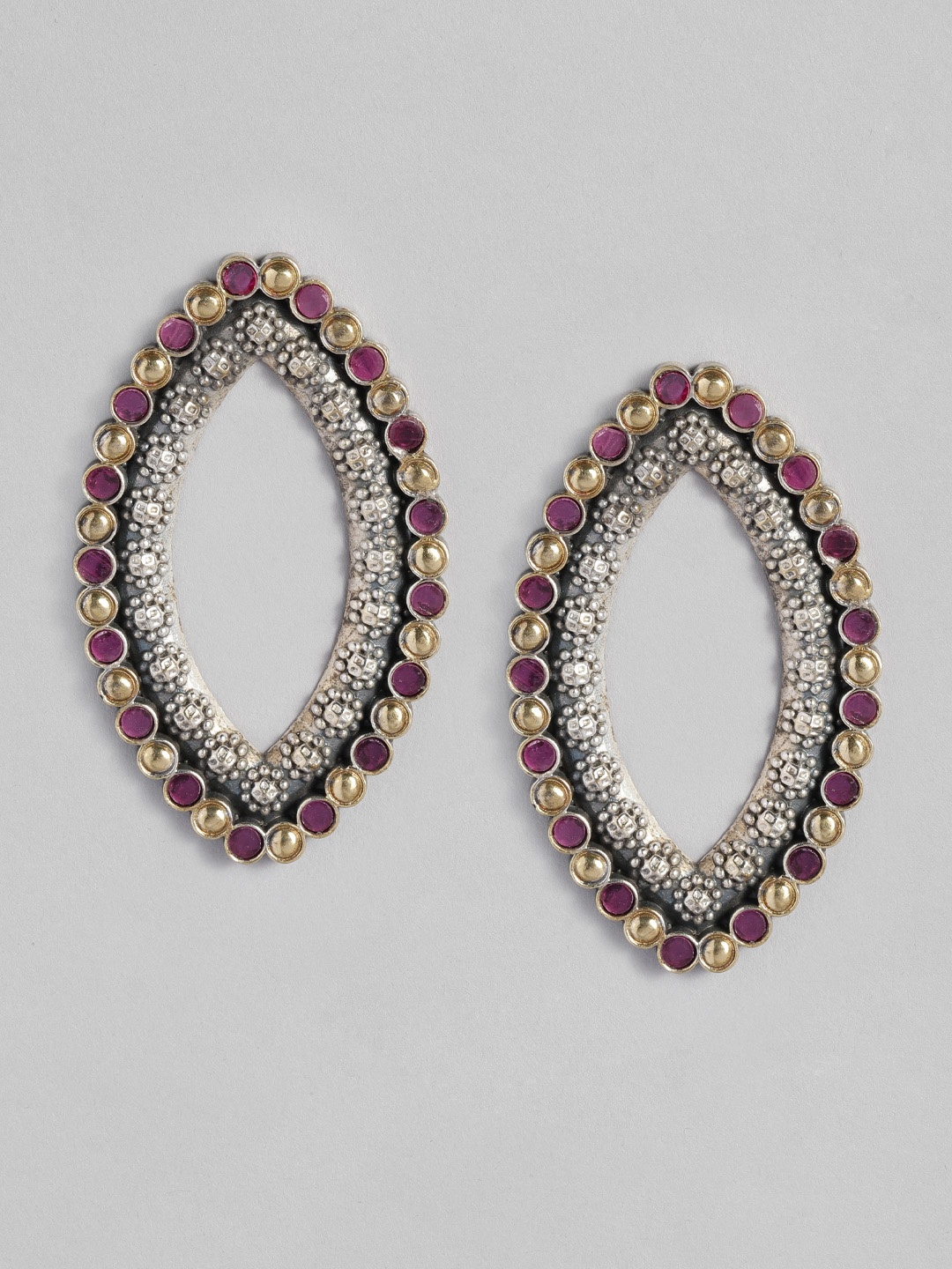 

Peora Purple & Silver-Toned Oval Studded Jhumkas