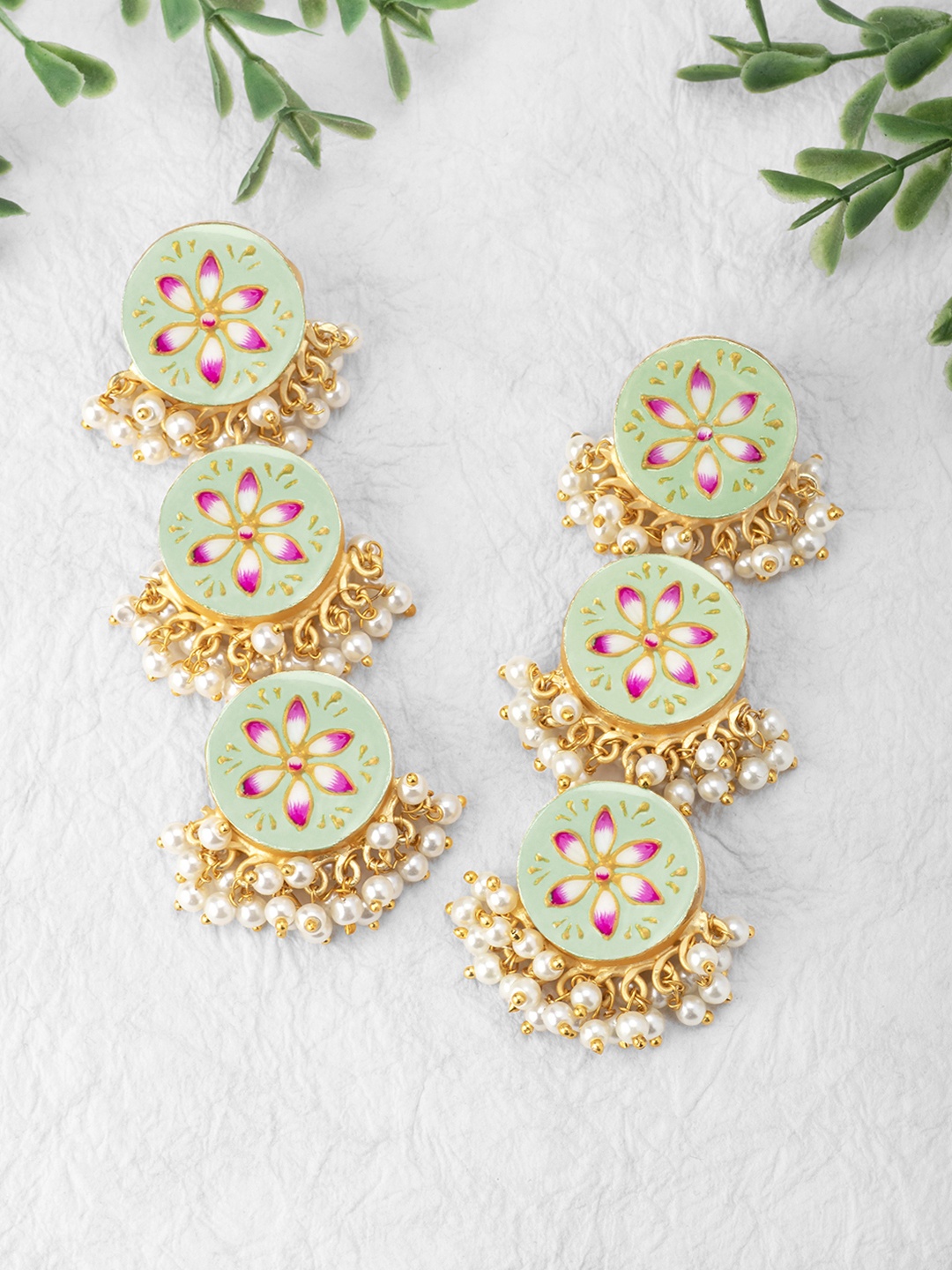 

Peora Sea Green & Gold-Plated Floral Pearl Beaded Meenakari Drop Earrings